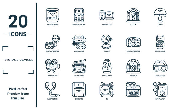 vintage devices linear icon set. includes thin line arcade hine, photo camera, handycam, earphones, mp player, clock, d glasses icons for report, presentation, diagram, web design