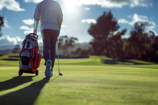 Male Golfer Walking on the Golf Course on a Sunny Day with his Golf Clubs on his Shoulder