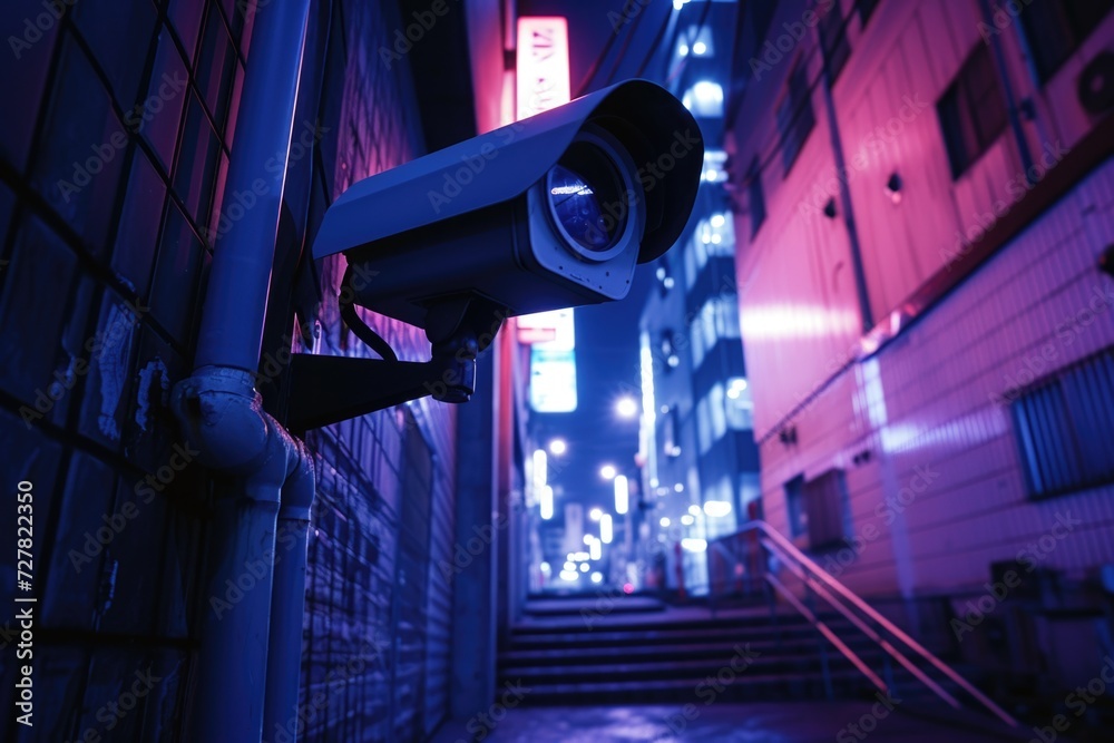 Poster a security camera mounted on the side of a building. can be used for surveillance purposes