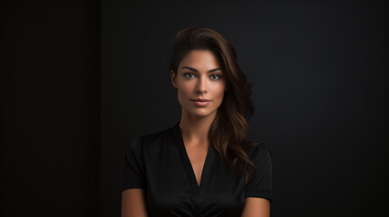 A beautiful woman in black clothes on a black background