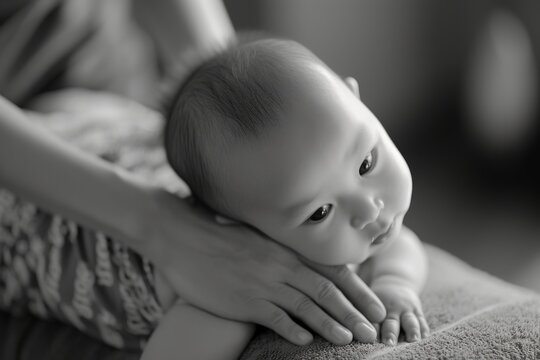 A black and white photo of a baby. Suitable for various uses