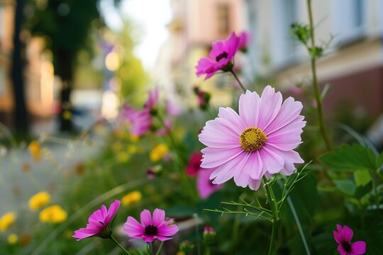 A detailed close-up view of a pink flower with a building in the background. This image can be used to add a touch of nature and beauty to any project