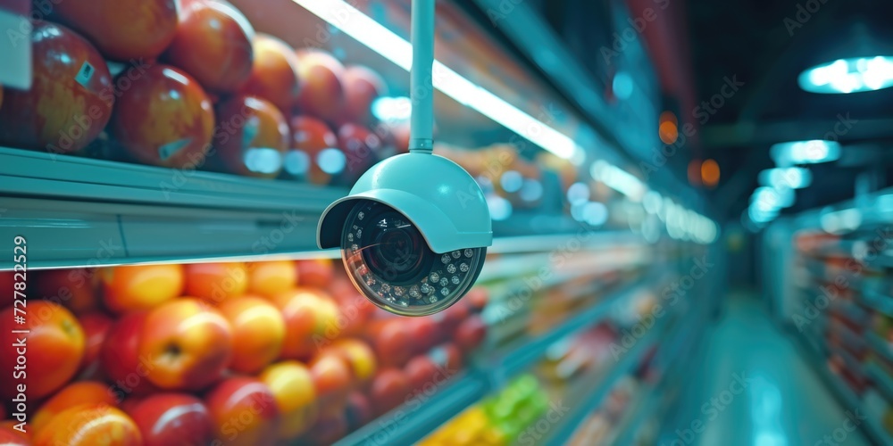 Poster A camera is suspended from the ceiling of a store. This image can be used to depict surveillance, security, or monitoring in a retail setting