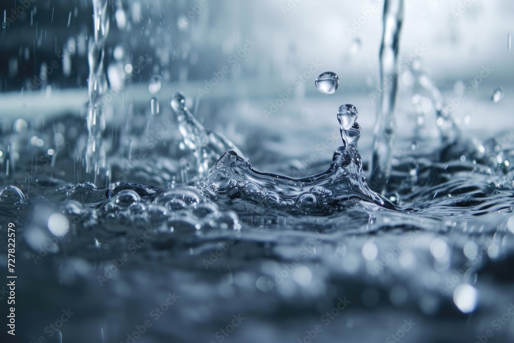 Poster a close-up view of a single water droplet in a body of water. this image can be used to represent co