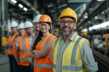 Diverse Group of Professionals in Hard Hats and Safety Gear in Large Industrial Setting