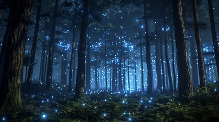 Bioluminescence creates a nighttime illumination in this 3D illustration of a woodland.