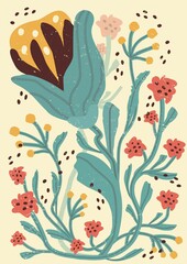 Colorful, bright summer retro background. Abstract pattern with leaves, flowers, figure with texture. trendy print with tulips in modern style. A4 size  for print,  banner.  art illustration.