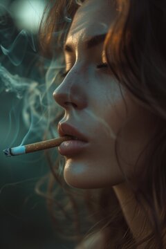 A woman is pictured smoking a cigarette with her eyes closed. This image can be used to portray relaxation or a moment of introspection