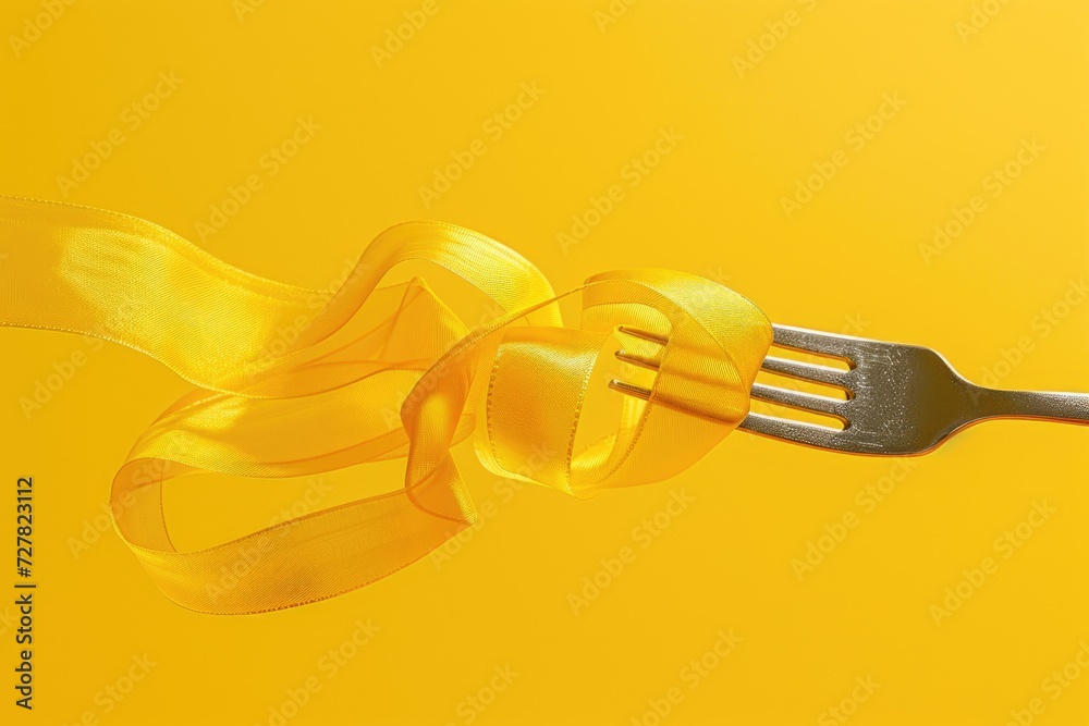 Aufkleber A fork with a yellow ribbon tied around it. Perfect for adding a touch of color to your table setting or for use in culinary-themed designs