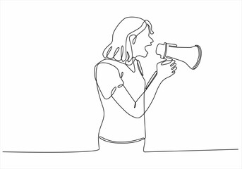 continuous line drawing of young woman with megaphone on white background vector illustration