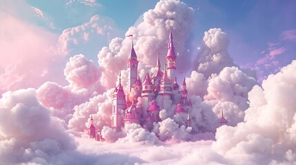 A 3D model of a castle from a fairy tale including cotton candy clouds - obrazy, fototapety, plakaty