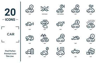 car linear icon set. includes thin line car, car, icons for report, presentation, diagram, web design