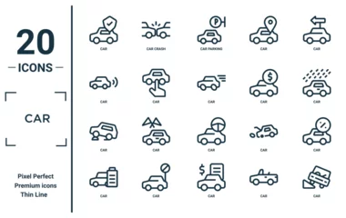 Selbstklebende Fototapete Cartoon-Autos car linear icon set. includes thin line car, car, icons for report, presentation, diagram, web design