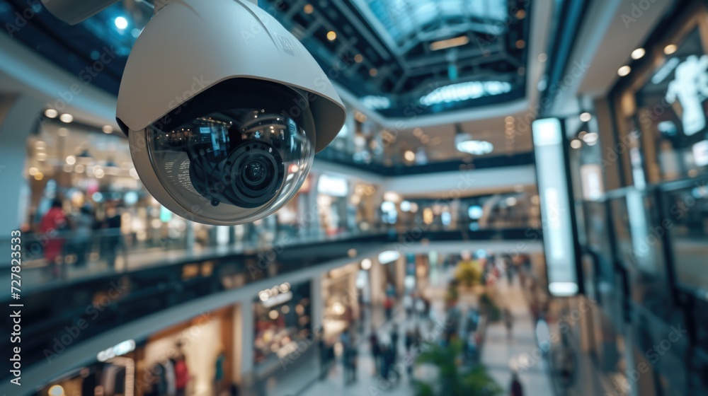 Poster surveillance camera capturing activity inside a shopping mall. suitable for security and surveillanc