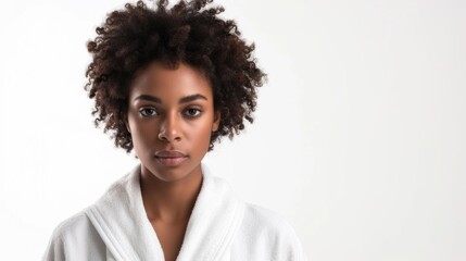 A woman wearing a bathrobe looking directly at the camera. Suitable for use in beauty, wellness, or lifestyle-related projects - obrazy, fototapety, plakaty
