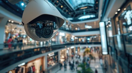 Surveillance camera capturing activity inside a shopping mall. Suitable for security and surveillance-related projects - obrazy, fototapety, plakaty