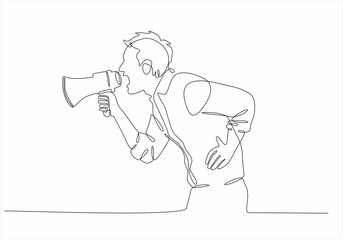 continuous line drawing of a male worker screaming with loudspeaker vector illustration
