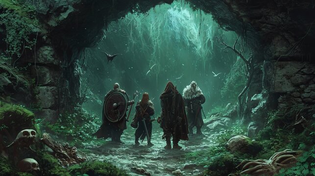 At the doorway stand a band of explorers, an elf archer, a wizard, a gnome with a shield, and a female fighter brandishing an axe.