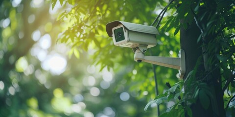A camera mounted on the side of a tree. Can be used for surveillance or capturing wildlife in their natural habitat