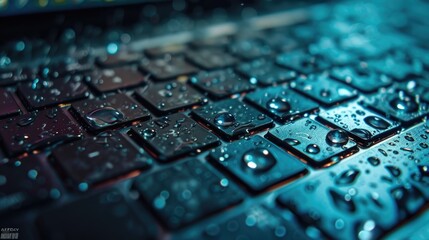 A computer keyboard covered in water droplets. Can be used to depict water damage, technology malfunction, or the need for waterproof devices.