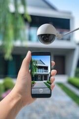 A person is holding a smartphone in front of a house. This image can be used to illustrate technology, communication, or real estate concepts