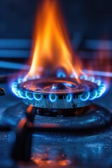 Close-up view of a gas stove with flickering flames. Ideal for illustrating concepts related to cooking, home appliances, and energy sources