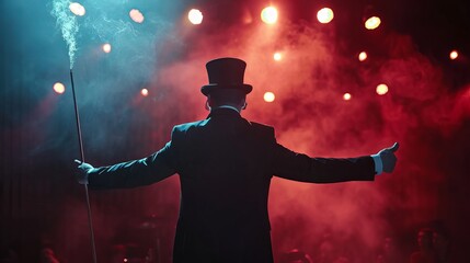Back view of a man performing magic tricks on a dark stage in a circus while wearing a suit and top hat.