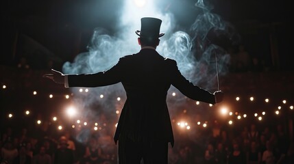 Back view of a man performing magic tricks on a dark stage in a circus while wearing a suit and top hat.