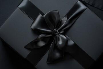 Black gift box with ribbon bow on black background. For special occasions.