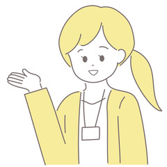 ジャケットの女性が手のひらを上に向けて案内をしているイラスト