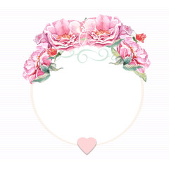 design element for greeting card with roses in circle on white backdrop, birthday female, women's day, mother's day, wedding invitation, 