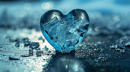 A unique Valentine's Day gift, this brilliant chunk of ice in the shape of a heart is a beautiful heart made of cold ice and a symbol of love. - obrazy, fototapety, plakaty
