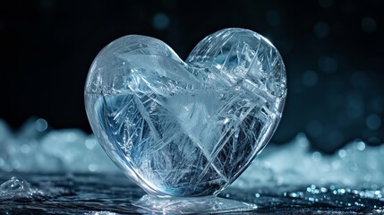 A unique Valentine's Day gift, this brilliant chunk of ice in the shape of a heart is a beautiful heart made of cold ice and a symbol of love. - obrazy, fototapety, plakaty