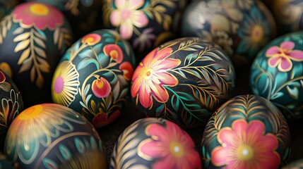 Fototapeta na wymiar Easter eggs in close-up with exquisitely detailed floral patterns.