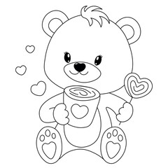 Cute teddy bear boy with coffee and heart's candy in his hands. Coloring page for children. Print it out and bring it to life with color. Happy Valentine's Day. PNG. Vector illustration