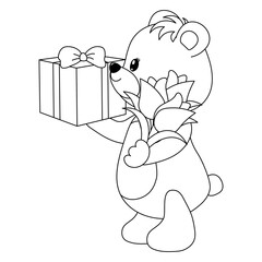 Adorable teddy bear in love with a gift box and flowers in his hands. Coloring page for children. Print it out and bring it to life with color. Happy Valentine's Day. PNG. Vector illustration
