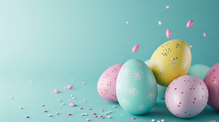 Fototapeta na wymiar Vibrant Easter eggs set against a soft blue backdrop. Handcrafted style. 3D visualization.