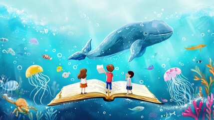 World Book Day poster features a creative illustration of kids and a pet dog sitting on an open book and enjoying the marine life, which includes a whale and jellyfish.
