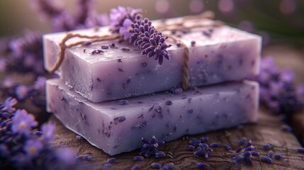 Handcrafted Lavender Soap Bars with Flowers, Two homemade lavender soaps tied with twine, adorned...