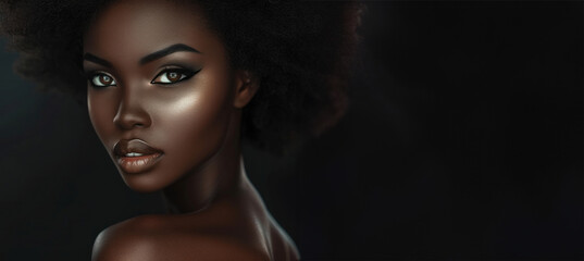 Fototapeta premium portrait, black woman's face on a black background, close-up, fashion photography. Fashion model girl. Black girl model with gold makeup, on black background, fashion magazine cover