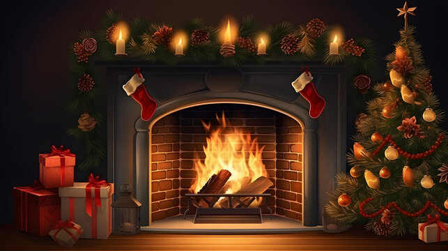 Fireplace, fire burning, cozy warm fireside, christmas home isolated on white background. Generative AI.