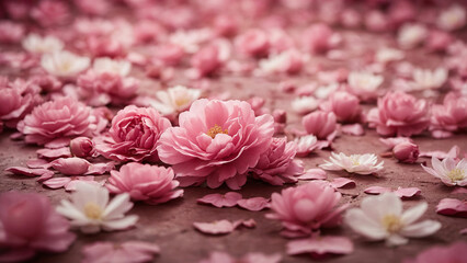 Fototapeta premium A pink floral background as the canvas for a celebration of nature's beauty and a poetic description of a field filled with blooming flowers each petal a unique stroke of artistry