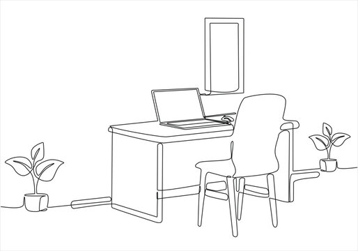 continuous line drawing of office desks and chairs along with laptops and ornamental plants