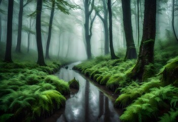 a stream winding through a foggy forest. The fog is thickest near the ground, but the tops of the...