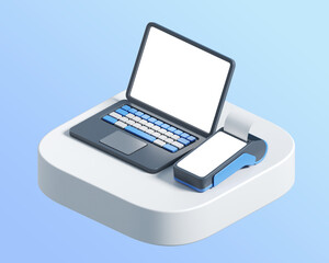 3d icon of payment terminal and laptop. 3d illustration for finance and banking on white background. Financial concept with minimal stylized objects on square platform