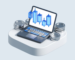 financial and banking concept of  growth statistics and analyze graph. 3d illustration of diagram and bar charts with money. 3d rendering of japanese candle on laptop