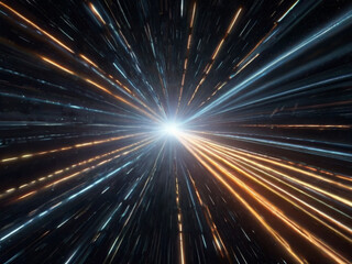 Light speed, hyperspace, space warp background. colorful streaks of light gathering towards 