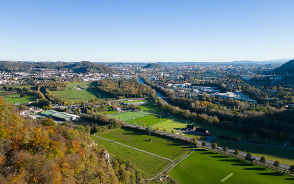 Graz city view with the Andritz district and GAK football club training area