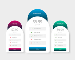 Product plans, price tables in realistic neomorphism designs. Pricing or Subscription Plans Web UI Elements Website Marketing or Promotion Product Comparison Chart