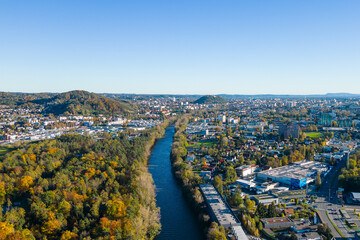 River Mur flowing through the city of Graz, Austria. Aerial city view
